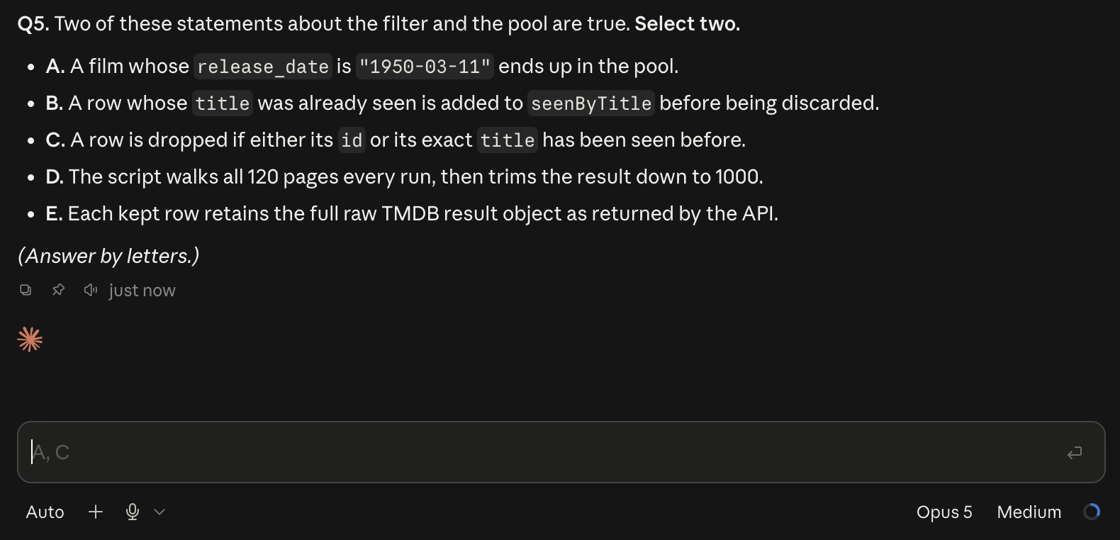 A multiple-choice question in a chat window. The message box below it is pre-filled with a greyed-out suggestion reading “A, C” — the correct pair.