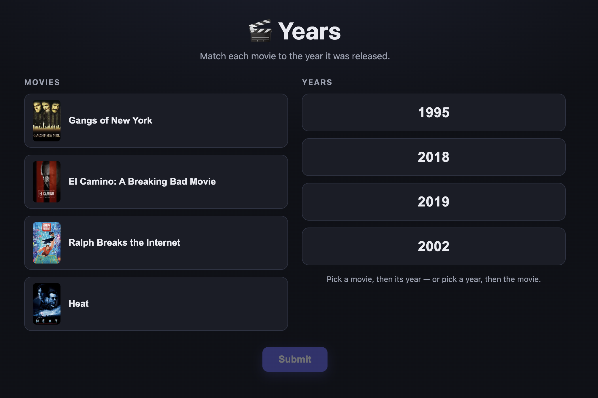 The years game: four movie posters and titles on the left, four release years on the right, and a Submit button.